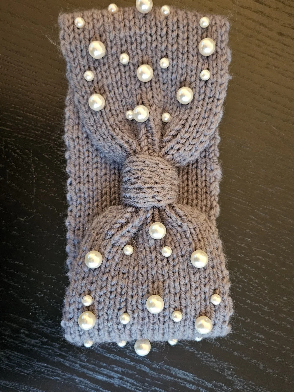 Pearl-Embellished Knit Headband in Grey